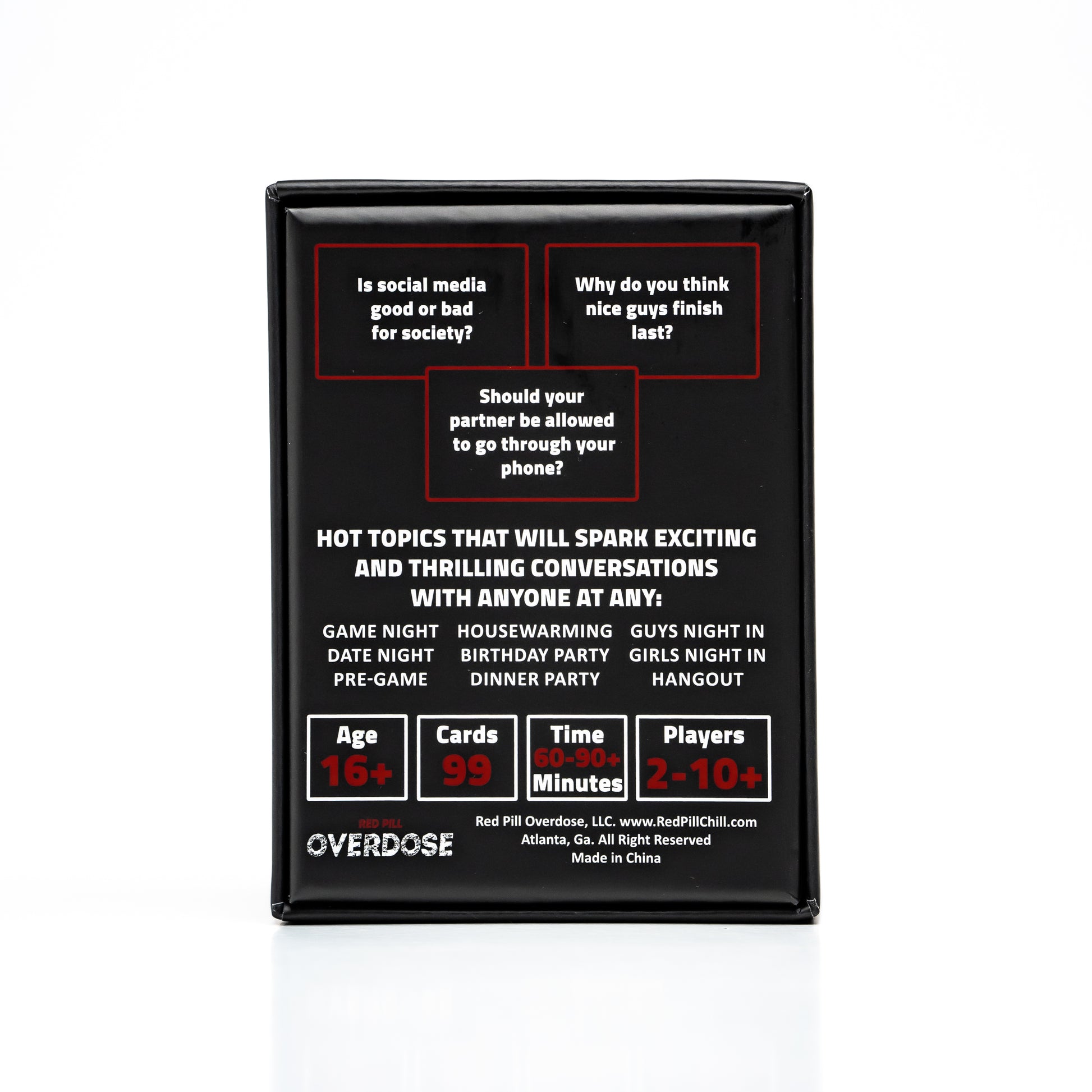 Card game packaging with text and branding on a white background