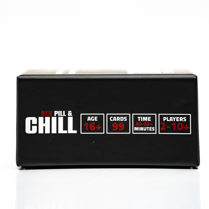 Black box with 'Red Pill & Chill' branding and game details on a white background
